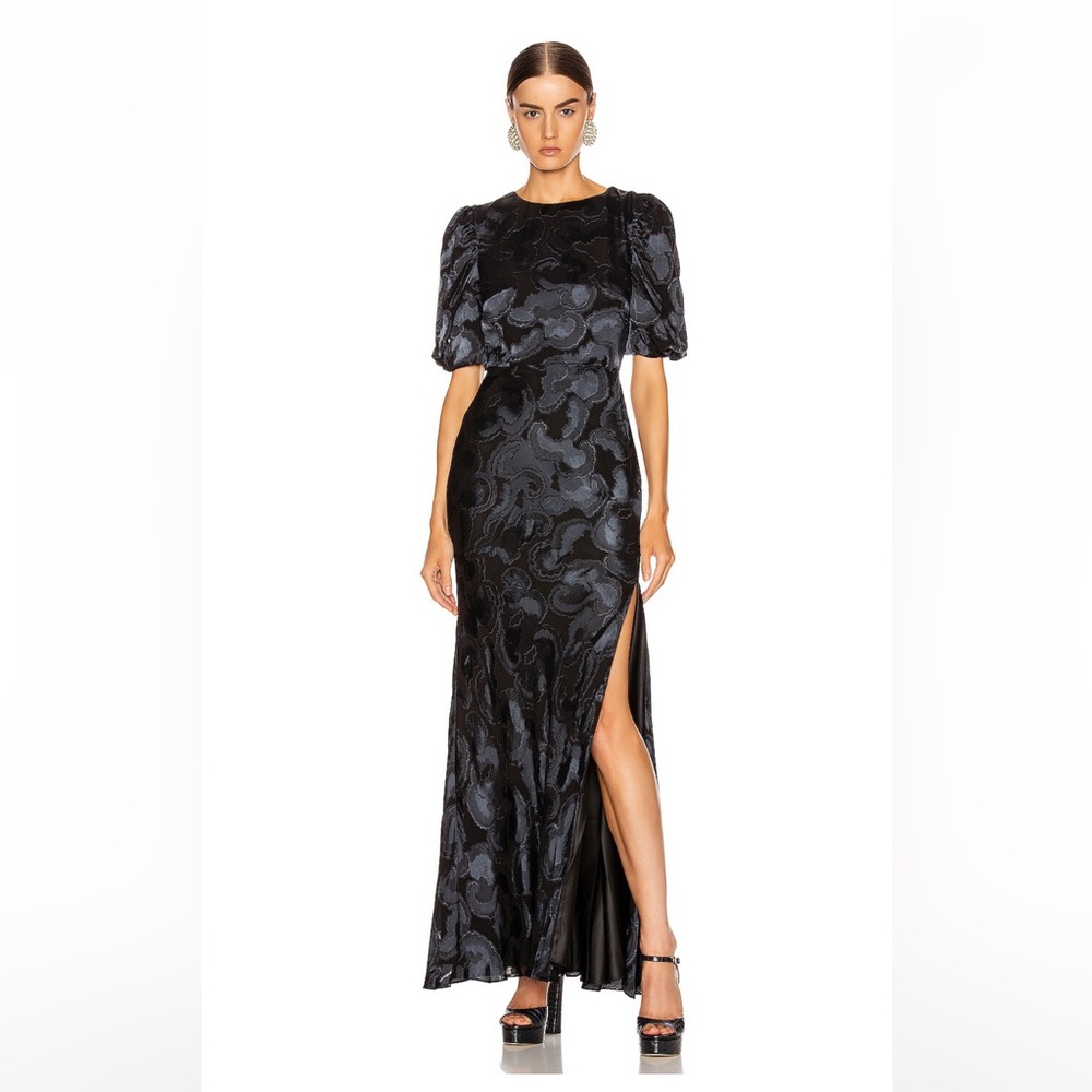 Saloni black floral Annie B long gown with puff sleeves and slit size 8
